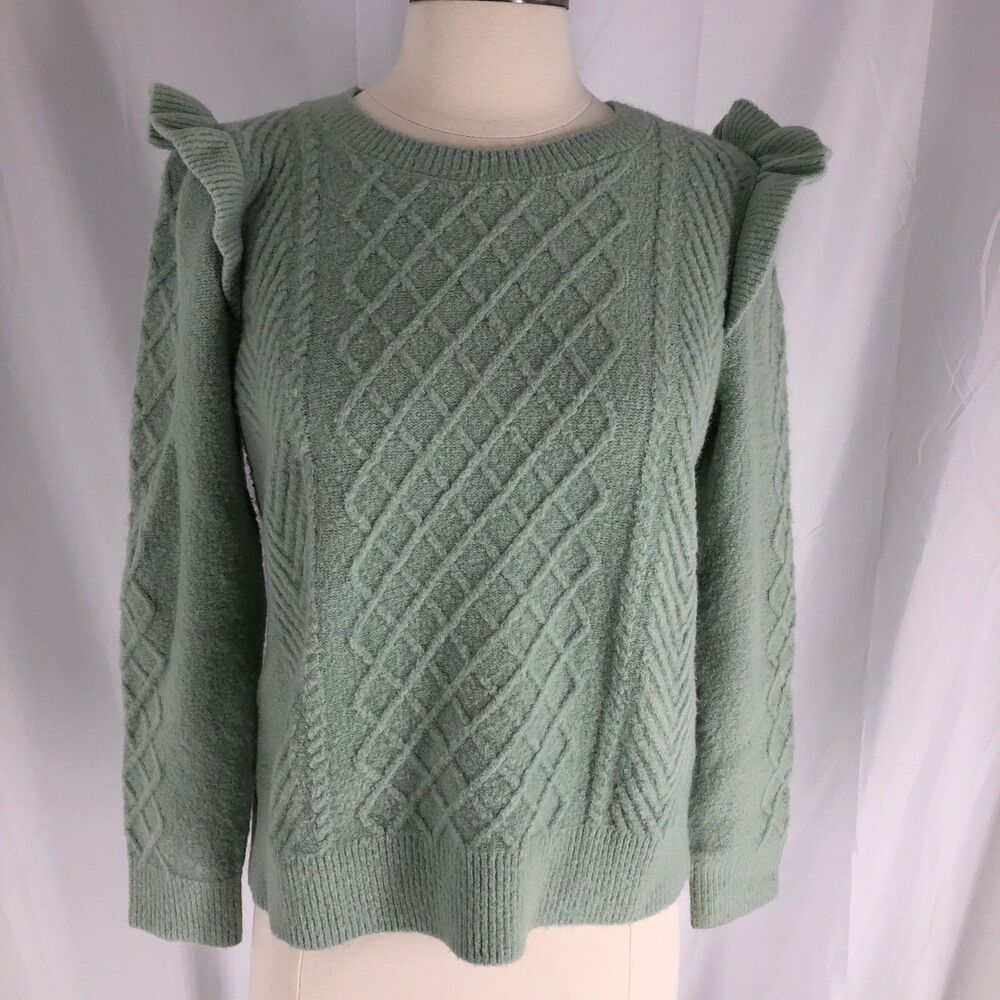 Talbots Womens Frosty Green Ruffle Shoulder Cable Knit Crew Neck Sweater PL